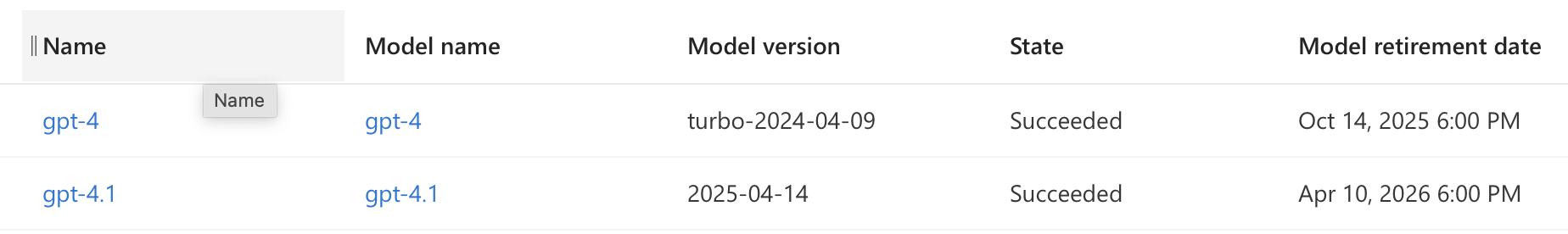 Azure model selection